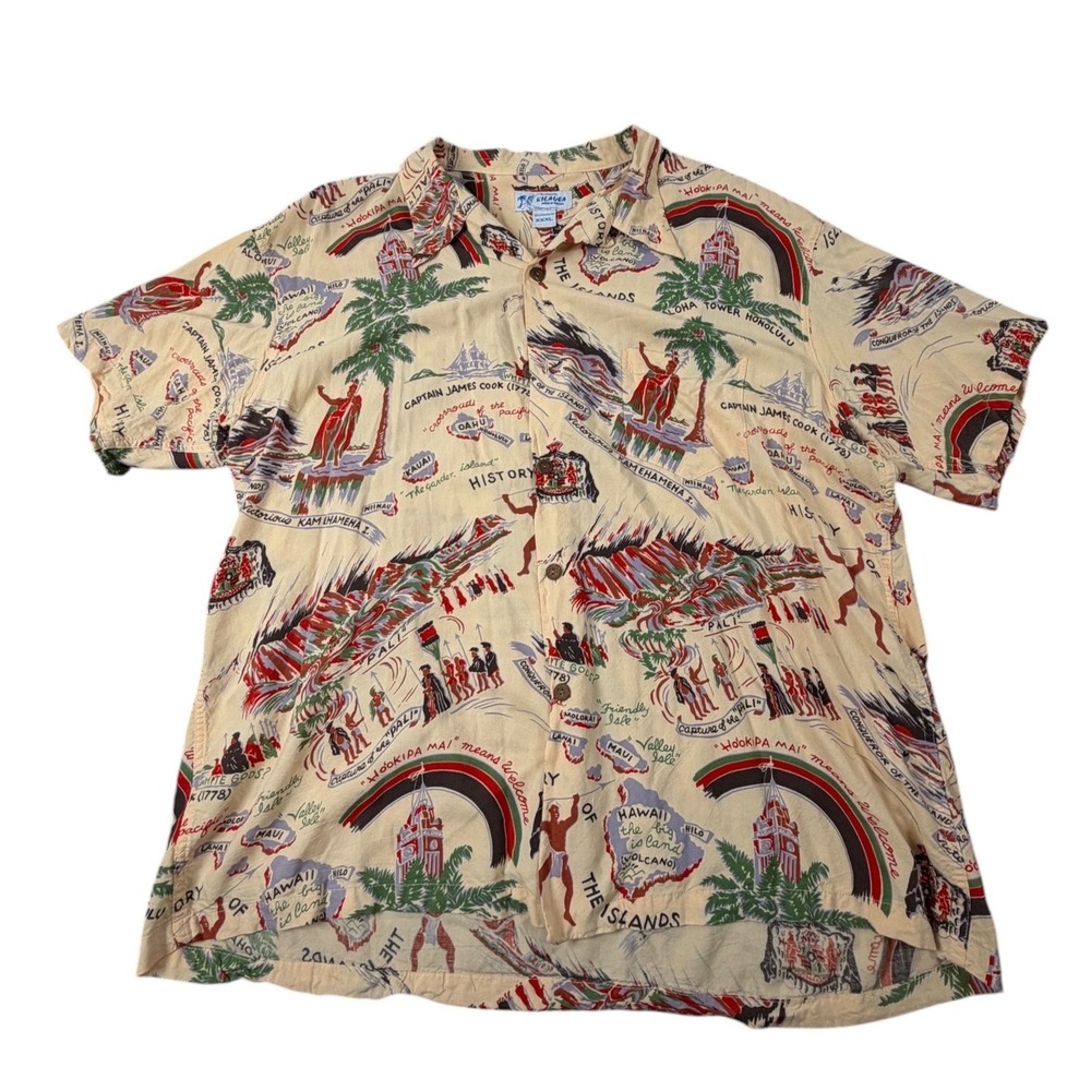 Kilauea Men Shirt Hawaiian Aloha History Print Spun Rayon Short Sleeve Cream 3XL